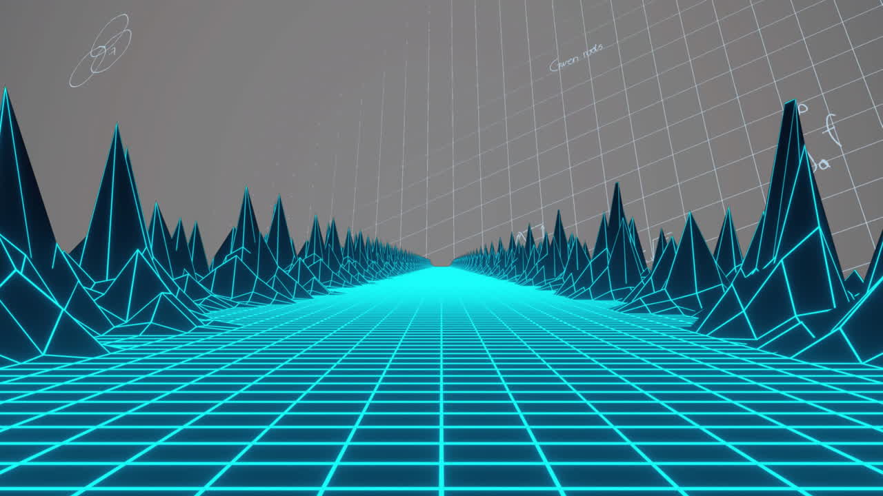 베이지색 배경에 디지털 풍경과 수학 공식의 애니메이션