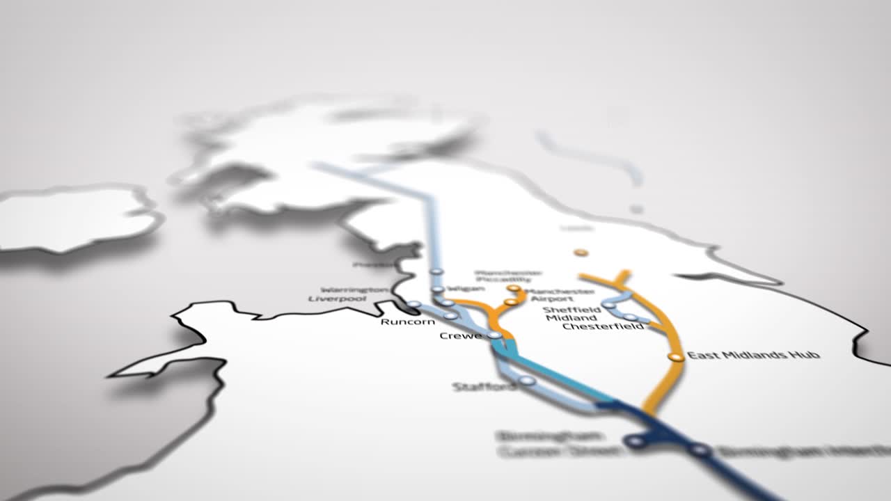 Professionally animated 3D route map of the HS2 fast train service in the United Kingdom. The animation shows the construction of the route from London Euston to the North of England and Scotland.