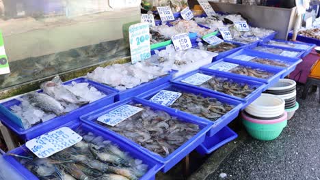 various seafood displayed for sale at a market