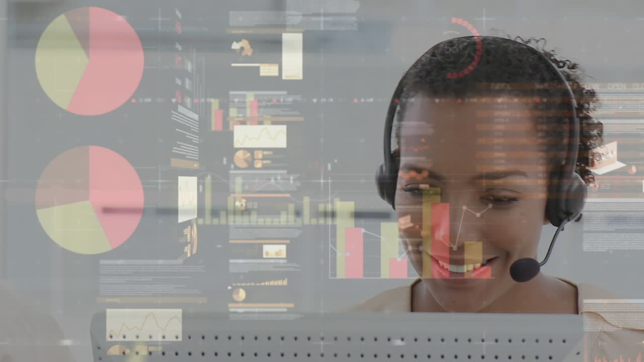 Animation of financial and statistic data processing over businesswoman wearing phone headset