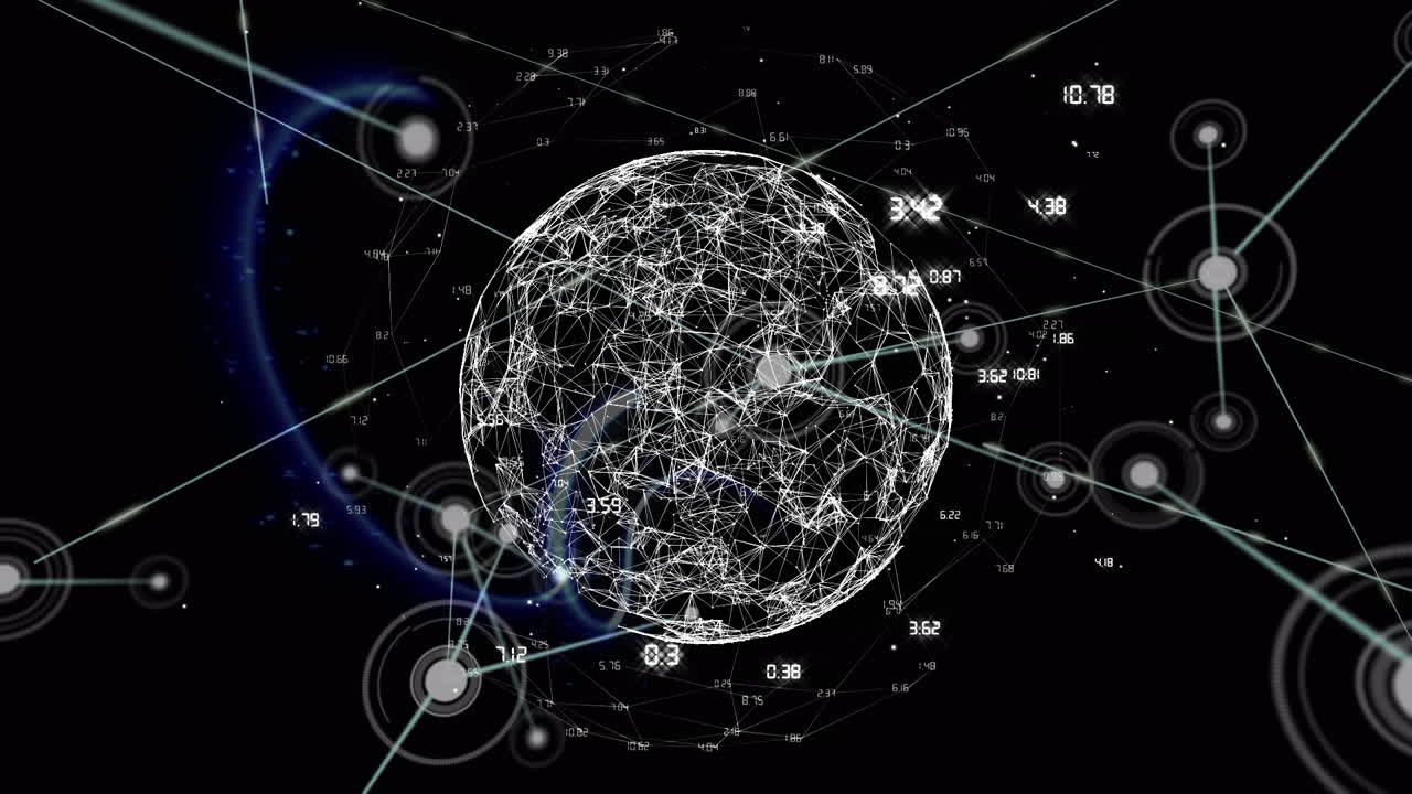 animación de la red de conexiones con iconos sobre formas en movimiento, globo y procesamiento de datos.