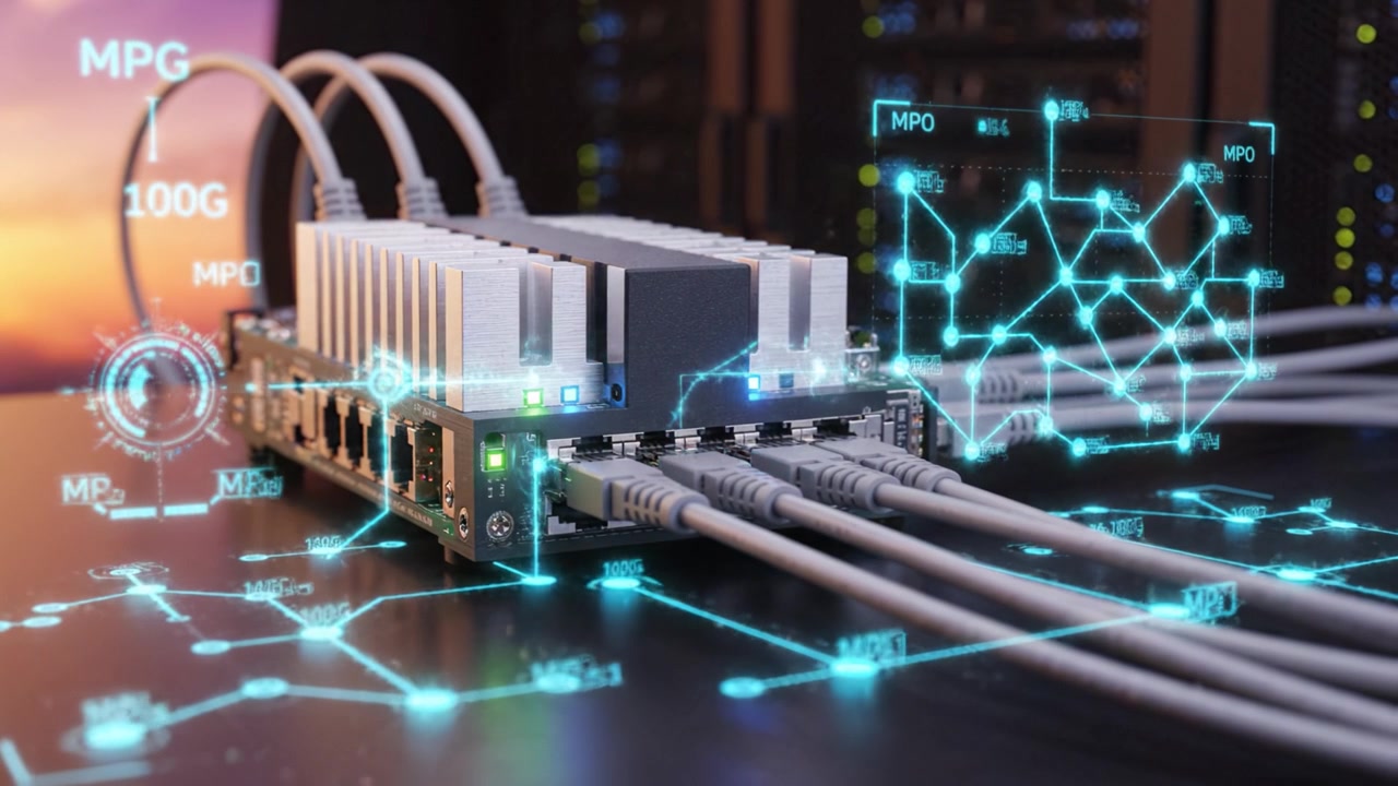 Advanced Networking Hub with High-Speed Connectivity and Visualization of Data Flow in a Modern Server Environment During a Sunset Atmosphere