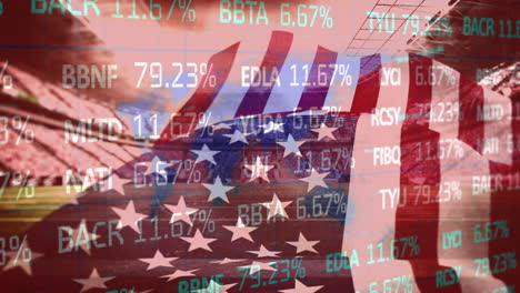 la bandera de los estados unidos ondeando sobre el procesamiento de datos del mercado de valores contra el estadio