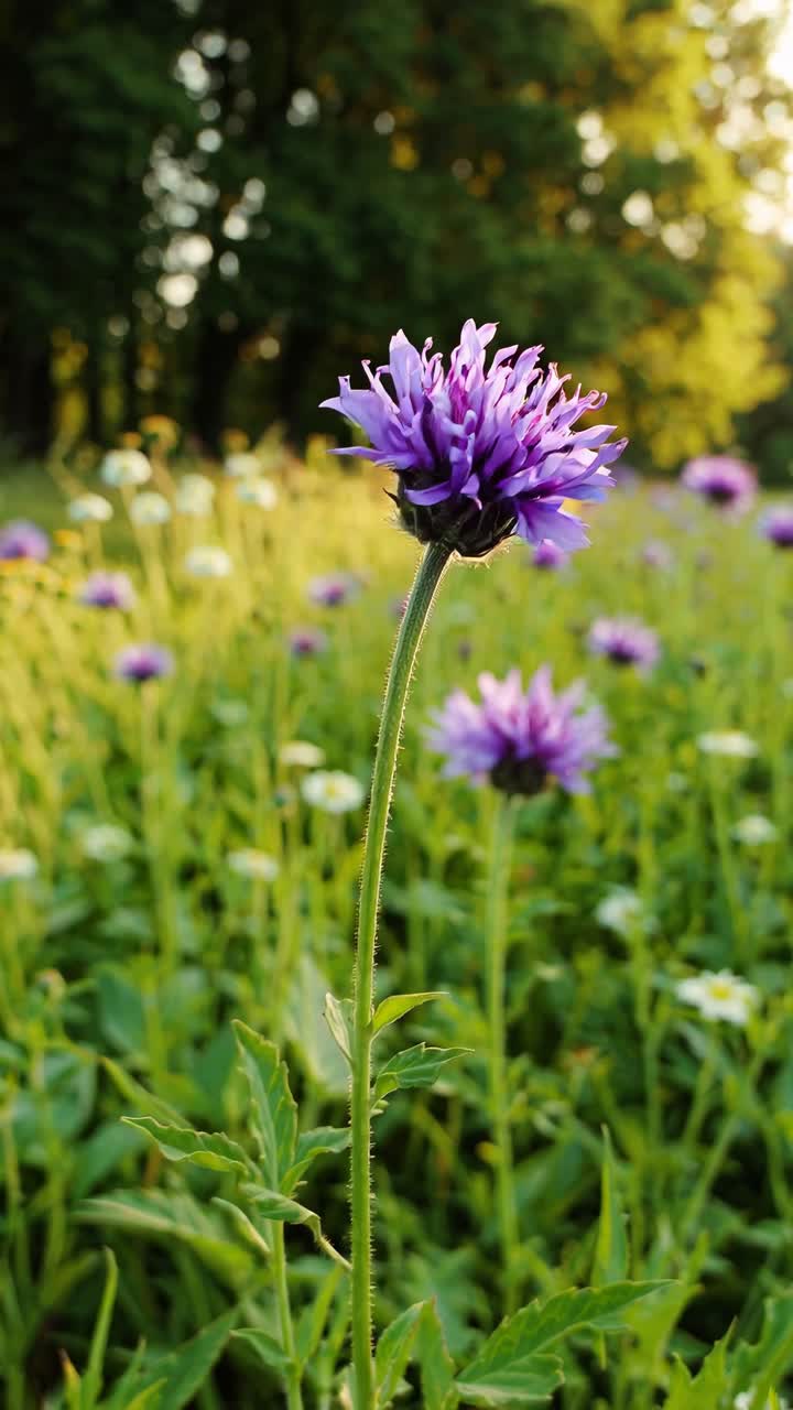 Close-up of a purple wildflower in a meadow, shot from a low angle