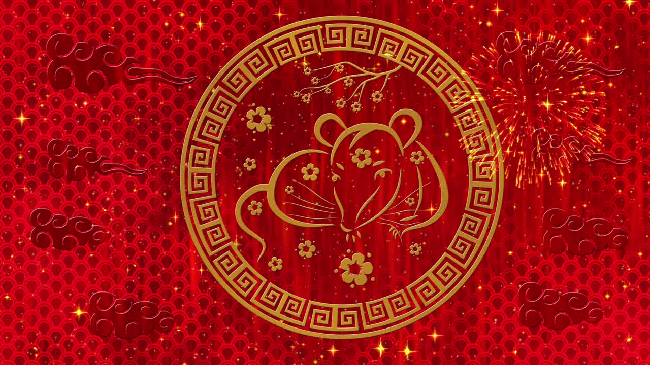 Lunar New Year, Spring Festival black background with rat, fireworks, glittering stars and sakura flowers. Chinese new year animation for longevity, luck. 3D rendering seamless loop 4k video