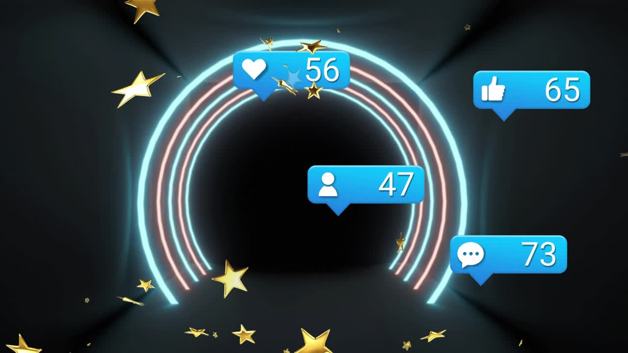 Golden stars drifting starting neon portal emerging while social icons showing engagement growth