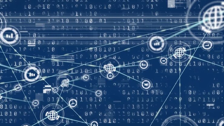 Animation of glitch effect over network of digital icons and binary coding against blue background