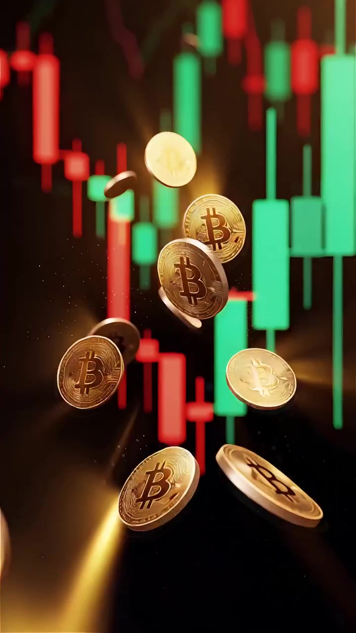 Moedas de Bitcoin douradas com fundo de gráfico de velas desfocado 4K