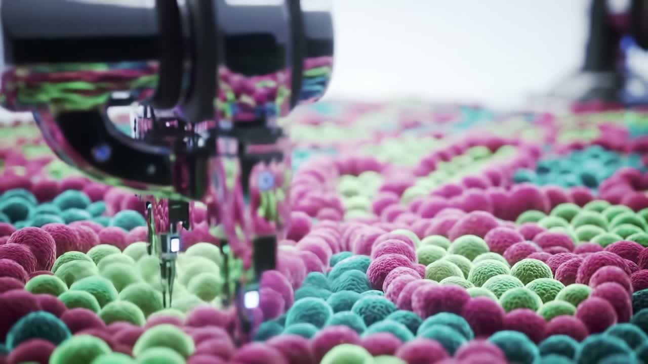 Intricate Patterns Formed by a Precision Tool Creating Colorful Designs from Vibrant Spheres in Shades of Green and Pink