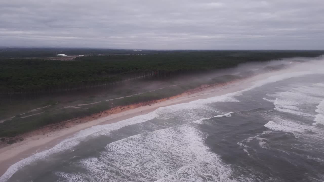 Aerial panoramic view of São Pedro de Maceda Beach in Ovar, Portugal, showing ocean waves, sandy shoreline, and the dense coastal pine forest under cloudy skies
