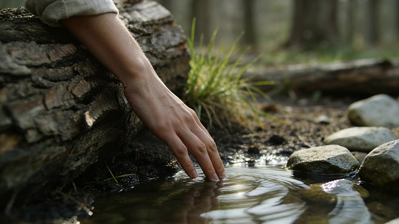 Lowering forearm and hand with rolled sleeve from fallen log, dipping forest pool, creating ripples