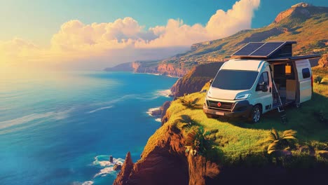 camp van on a cliff overlooking the ocean at sunset