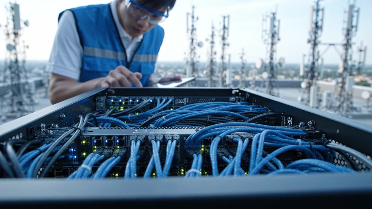 Technician Working on Network Server with Blue Cables at Telecommunications Facility on Rooftop, Ensuring Efficient Data Transmission and Connectivity Solutions
