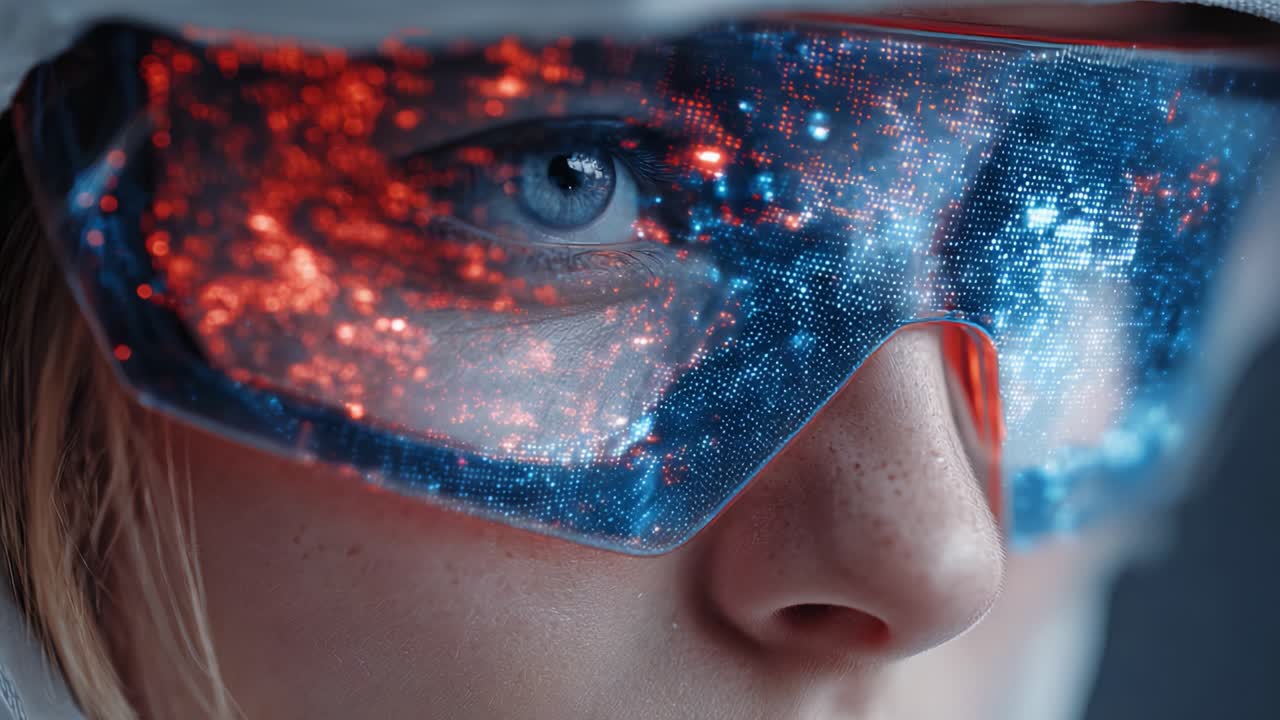 A close-up exploration of futuristic eyewear showcasing a person with advanced goggles reflecting vibrant cosmic imagery, creating a vision of technology and innovation