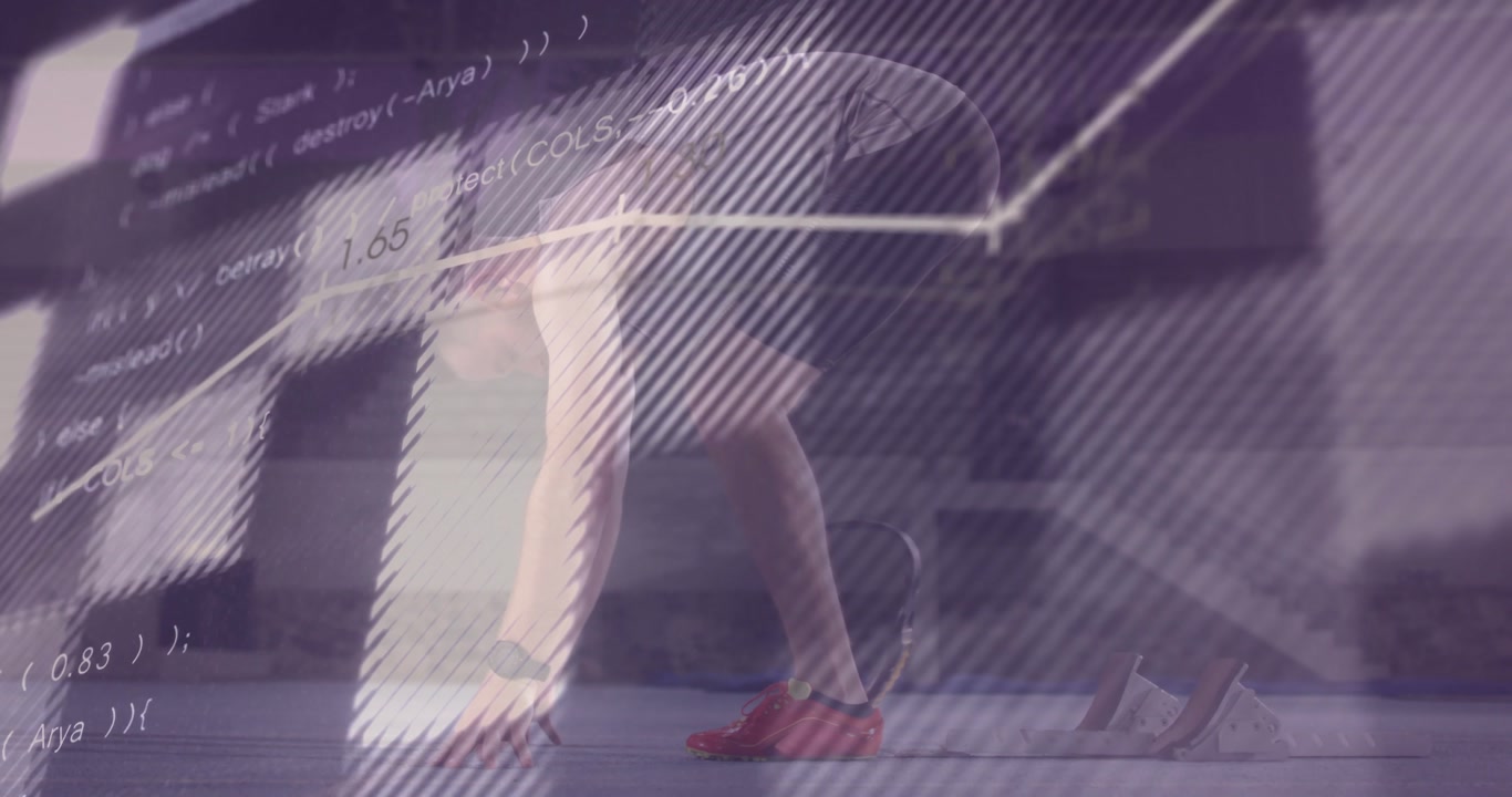 Male athlete adjusting wristwatch at blocks with fitness data overlaying track guiding sprint start