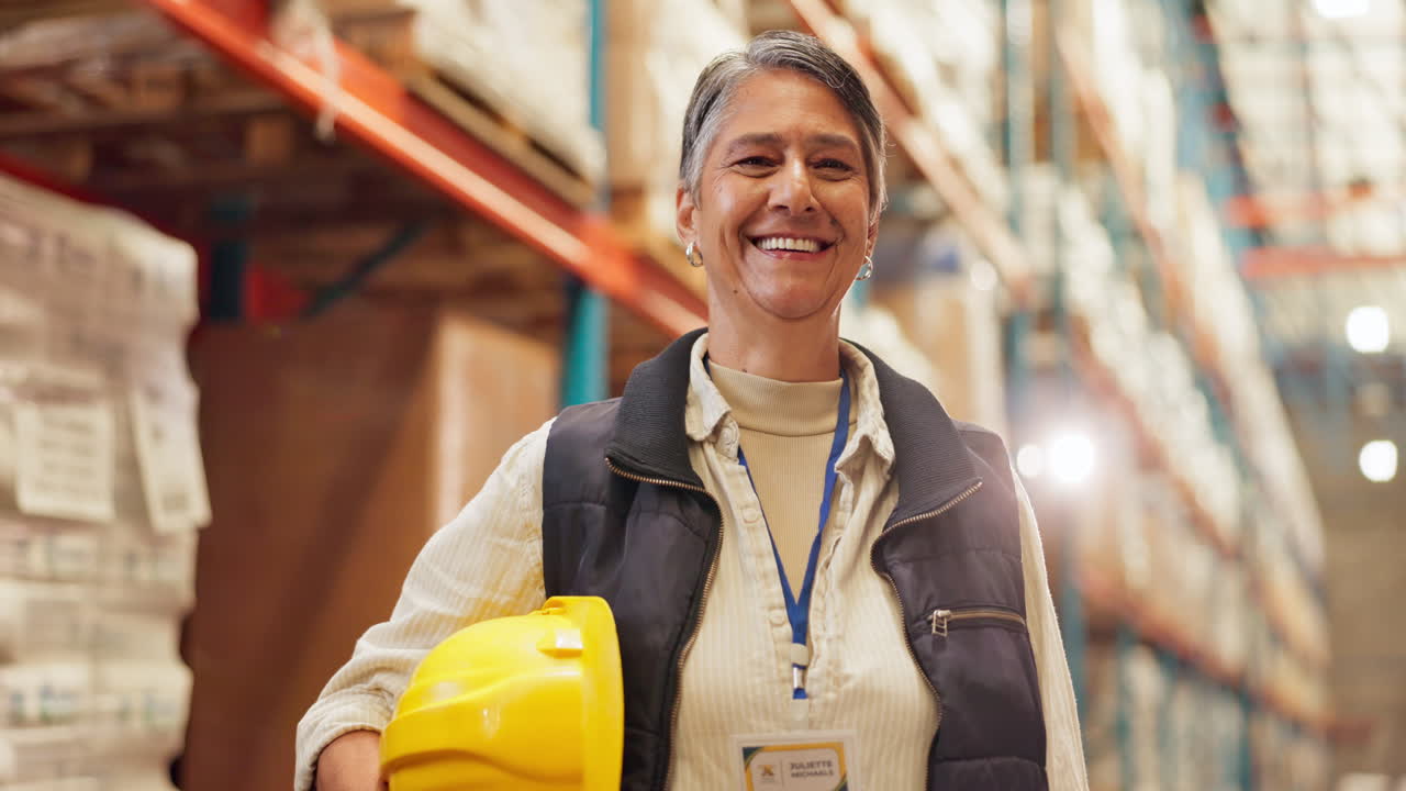 Warehouse worker smiling in warehouse
