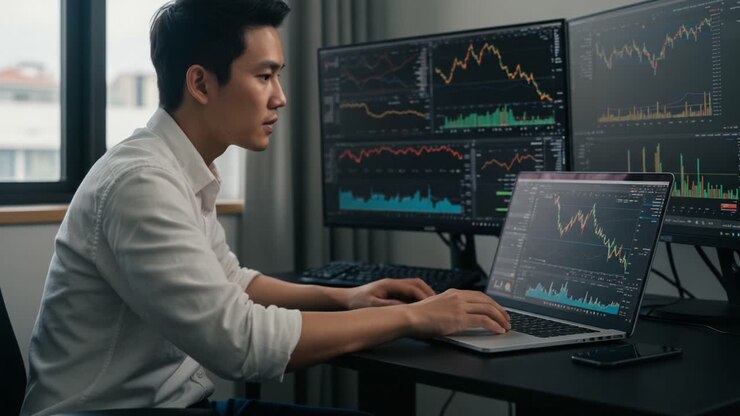 Focused Analyst Engaged in Data Analysis: Monitoring Financial Trends and Stock Market Movements with Multiple Screens for Strategic Insights