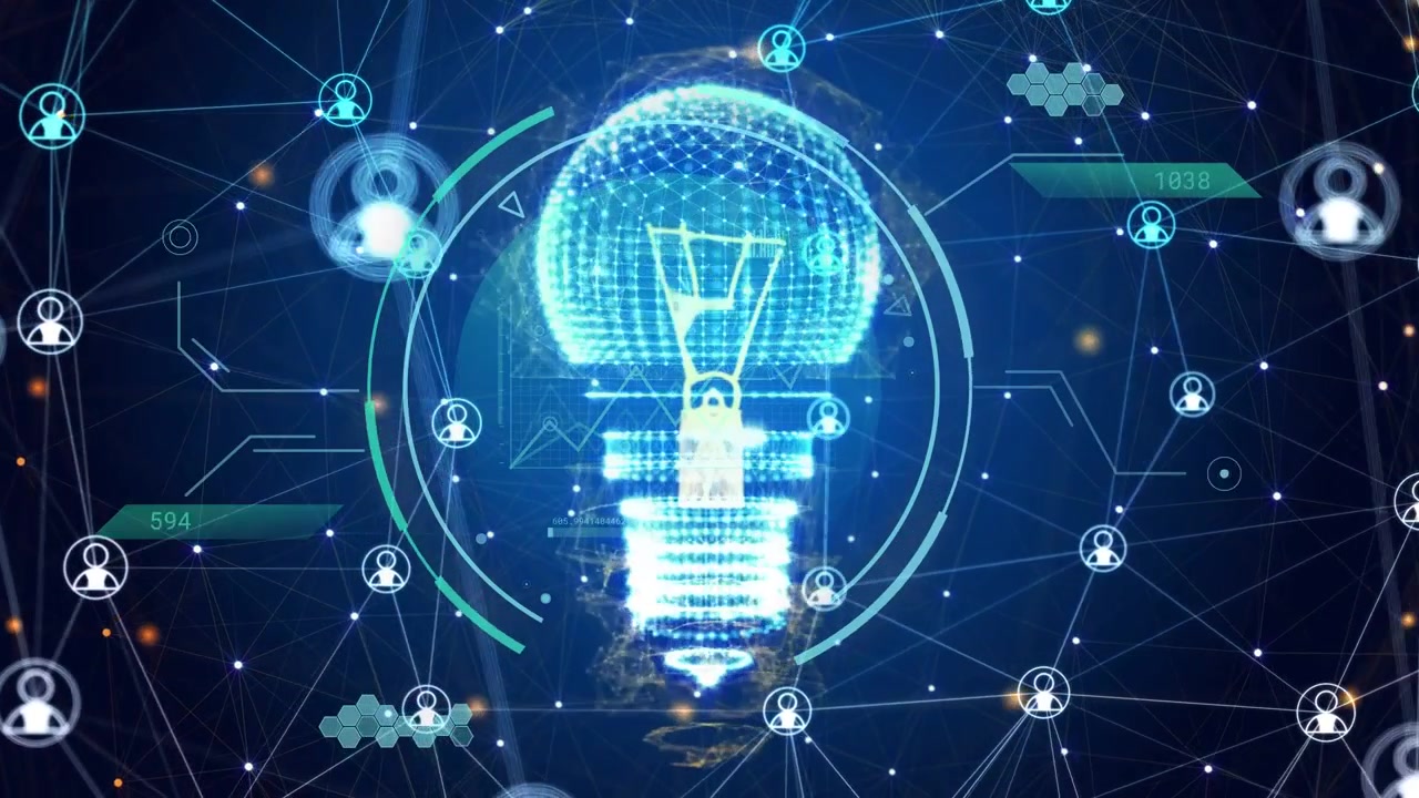 Holographic bulb forming from point cluster, initiating spiraling energy into tech network mesh