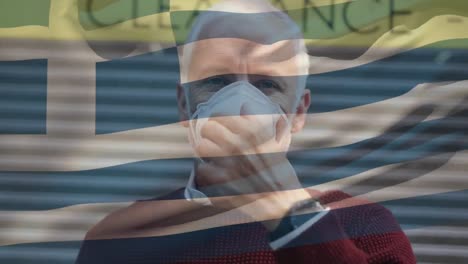 Animation-Der-Flagge-Griechenlands,-Die-über-Einem-Mann-Mit-Gesichtsmasken-Weht