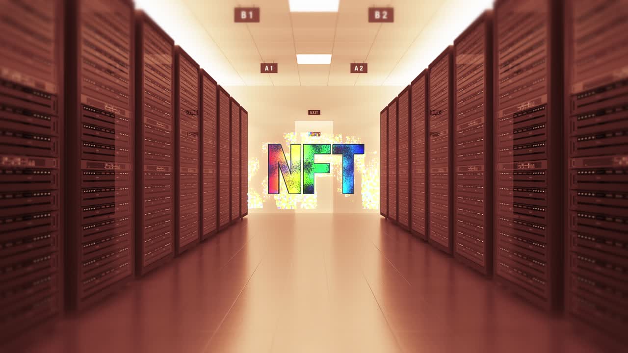 símbolo de nft en una sala de centro de datos de alta tecnología moderna.