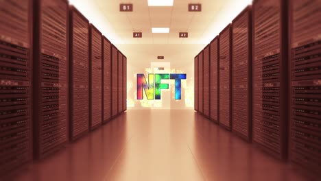 símbolo de nft en una sala de centro de datos de alta tecnología moderna.