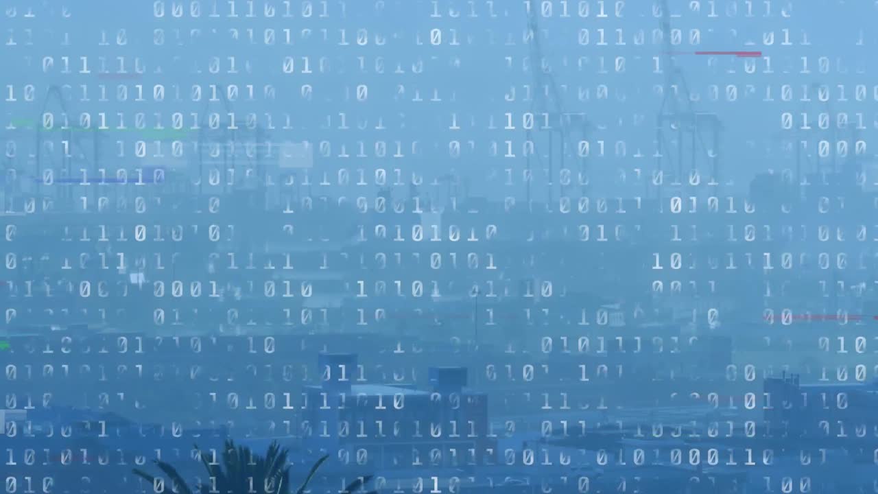 Animation of glitched looping binary codes over fog covered under construction modern buildings