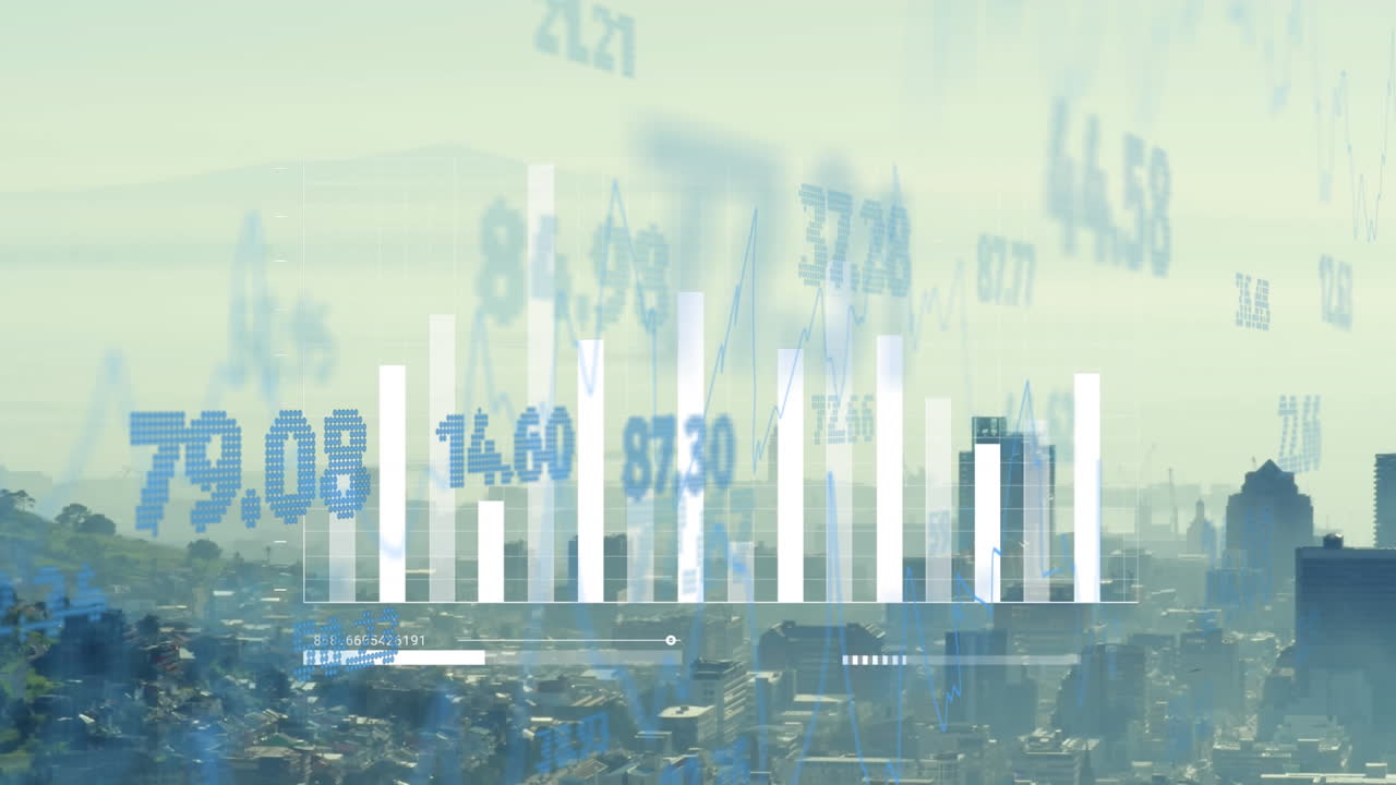 도시 풍경의 공중 전망에 대한 통계 및 증권 시장 데이터 처리의 애니메이션