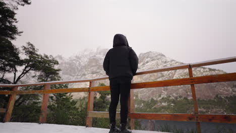 contemplating nature on a person view while looking at snow covered mountain peaks in background, bariloche, argentina.
