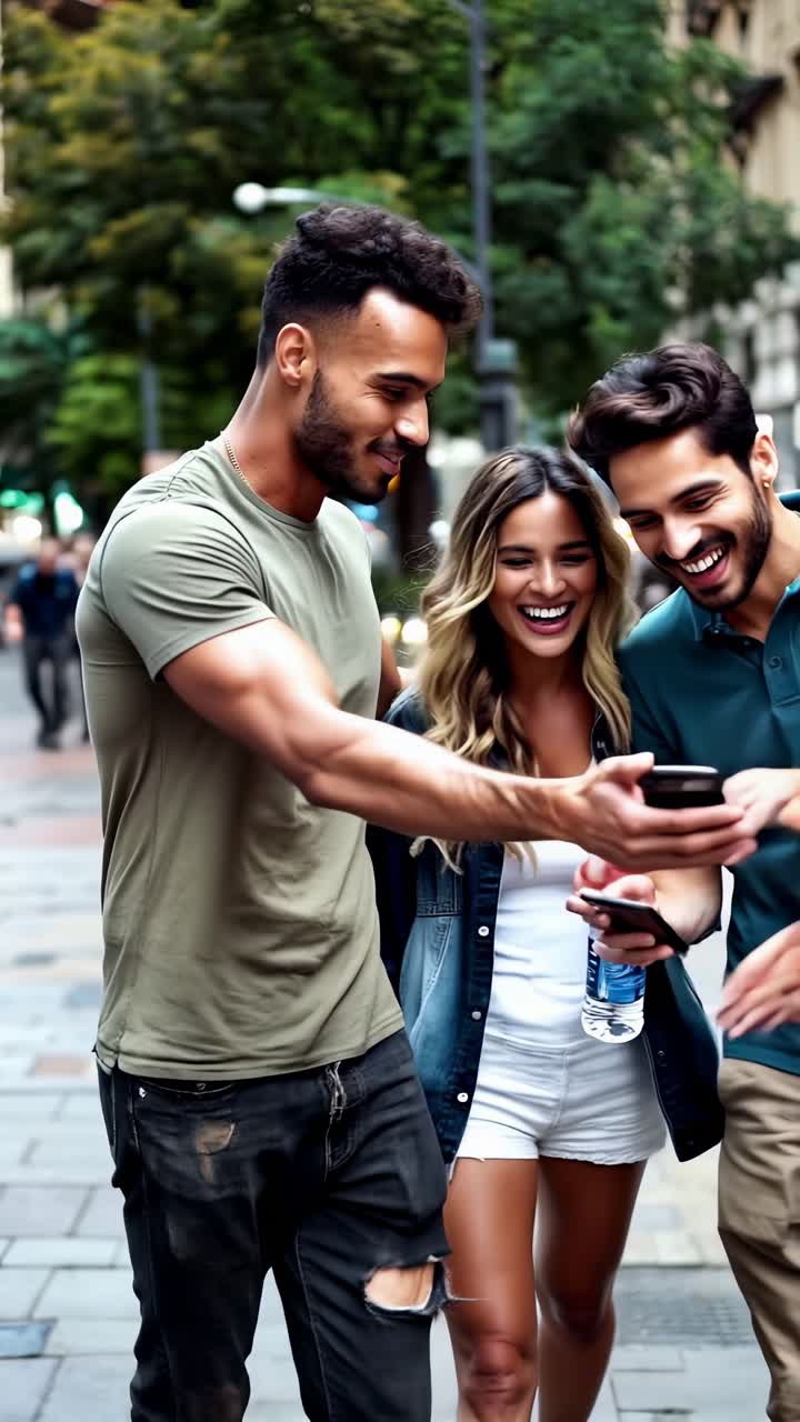 Three people are walking down a street, one of them is holding a cell phone