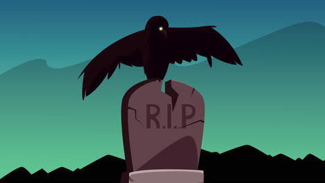 happy halloween animation with crow in gravestone