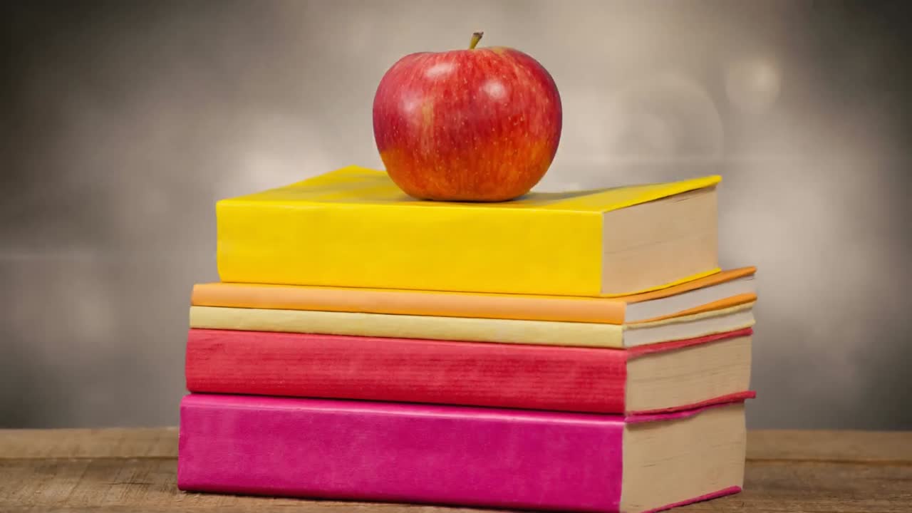 Animation of stack of books with red apple on top over glowing lights