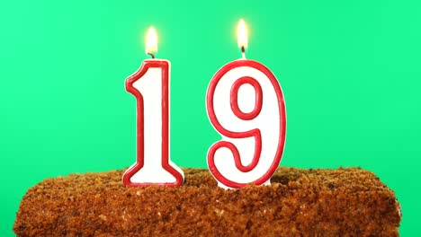 cake with the number 19 lighted candle. chroma key. green screen. isolated