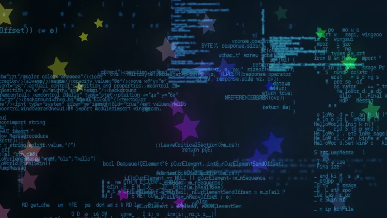 Animation of colorful stars overlaying computer code on dark background