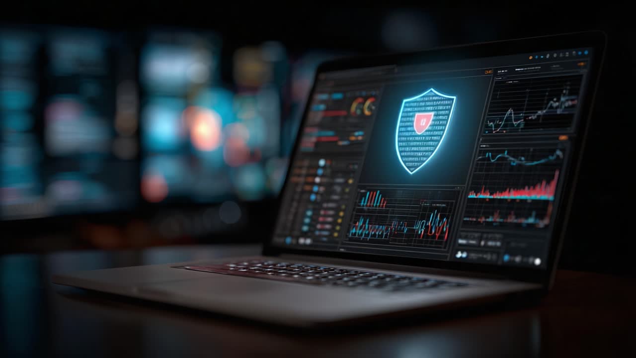 Dynamic Cybersecurity Dashboard Displaying Real-Time Data Analytics and Visualizations on a Laptop Screen in a Dark Setting with Emphasis on Digital Protection