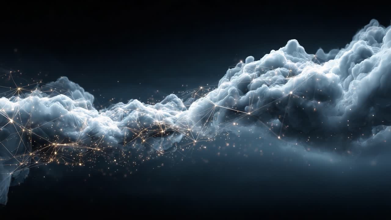 An Ethereal Cloudscape with Glowing Particles Illuminating the Dark Background, Capturing the Mystical Essence of Nature and Digital Art Fusion