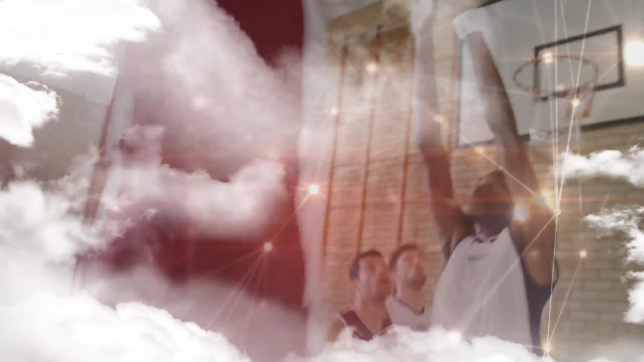 체육관에서 다양한 농구 선수 그룹에 대한 구름과 연결 네트워크의 애니메이션