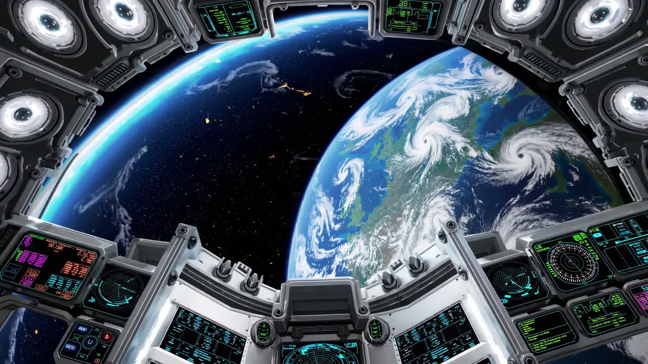 Futuristic space station cockpit view of Earth, captured from a wide-angle perspective