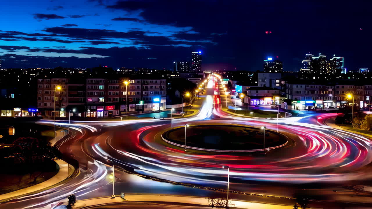 Night City Roundabout with Light Trails