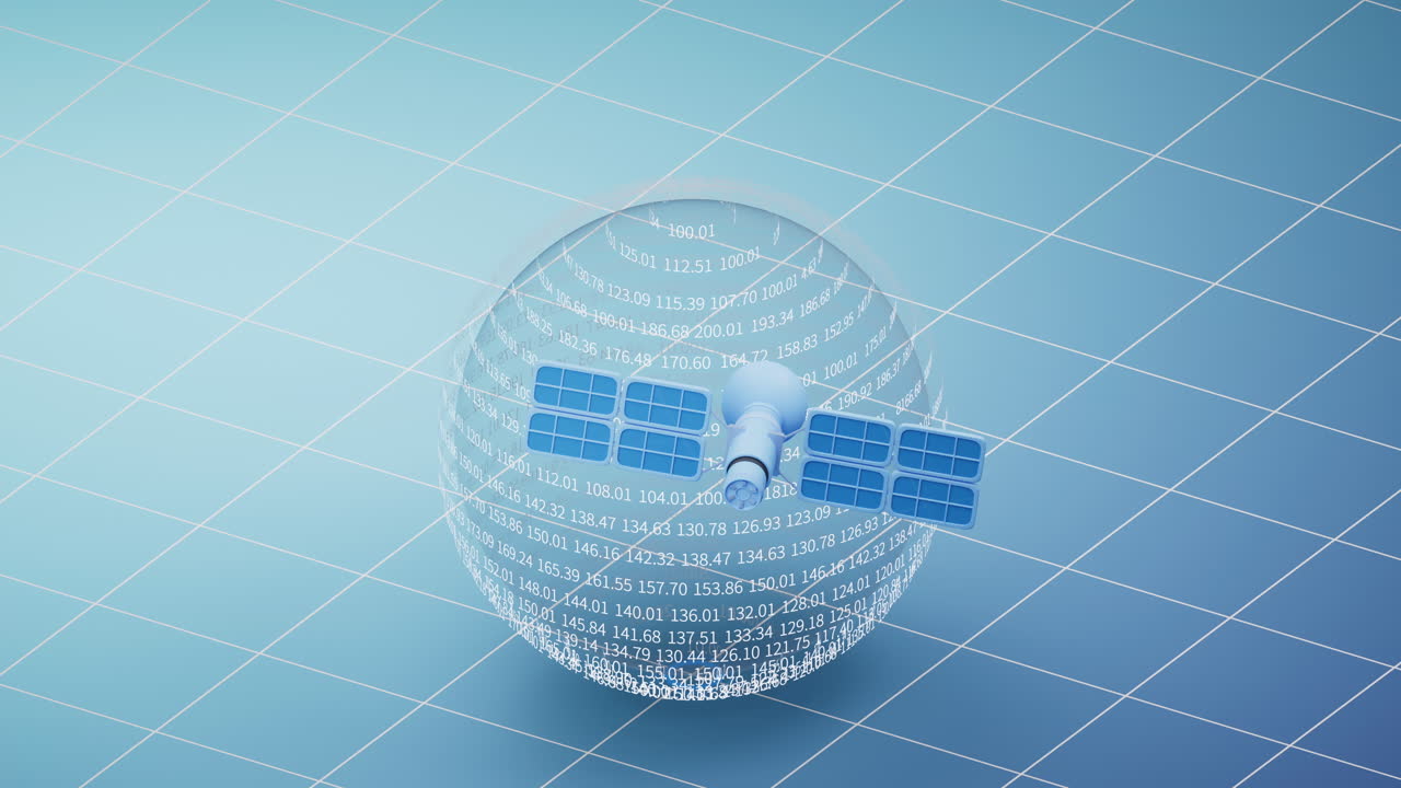 esfera de datos transparente con satélite, representación en 3d.