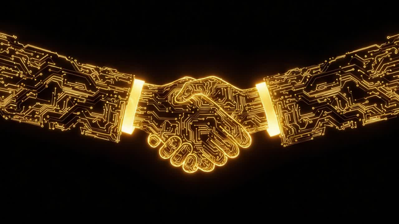 Una fusione digitale: due mani connesse da circuiti che illustrano l'essenza della collaborazione e la sinergia tecnologica in un mondo moderno