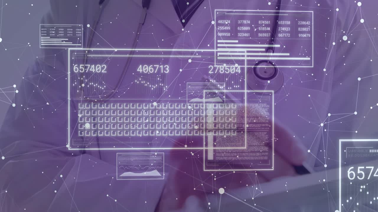 Male doctor tapping and swiping tablet invoking purple holo medical UI updating patient readouts