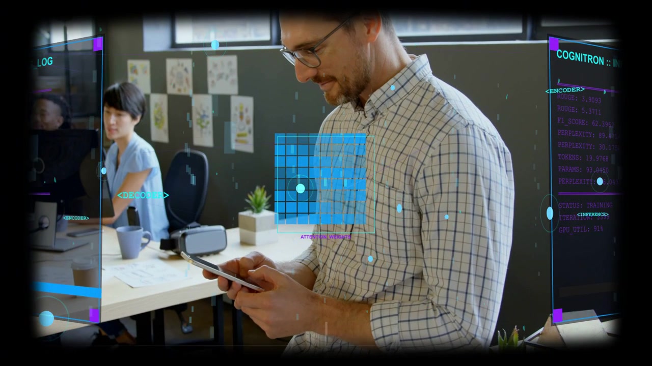 Vertical video: Tapping phone, man in plaid shirt and glasses checking data on AR panels at office