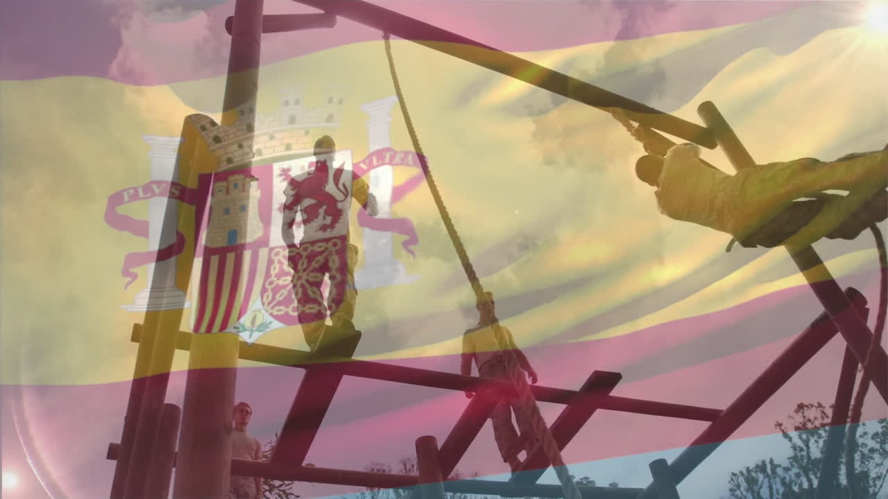 Climbing obstacle course, people with Spanish flag animation in background