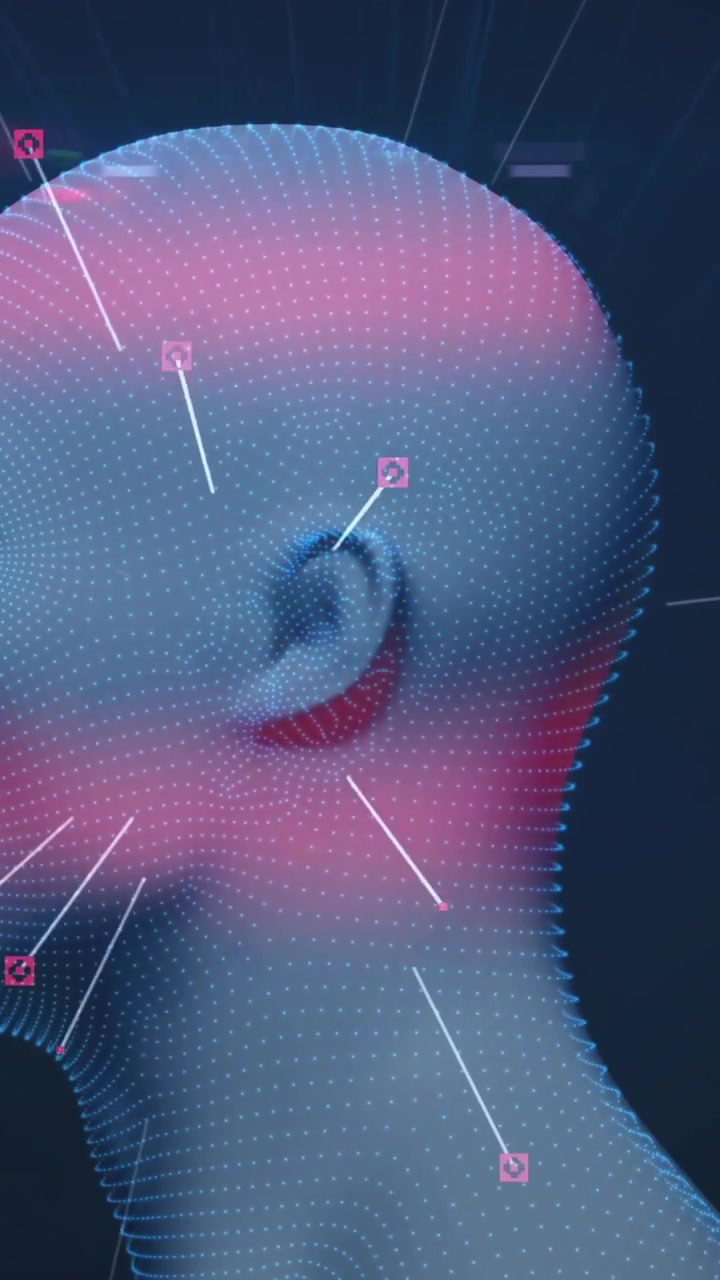 Animation of human head and data processing over dark background