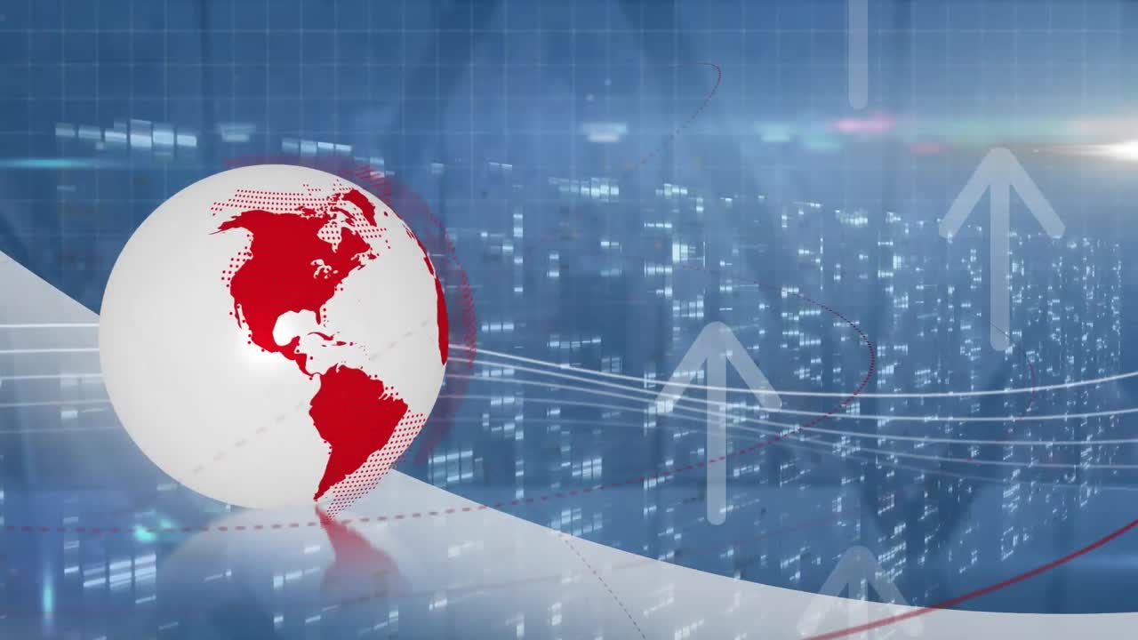 화살표 아이콘의 애니메이션, 모자이크 사각형과 전 세계가 빛의 지점 위에 있는 화면 및 데이터 처리