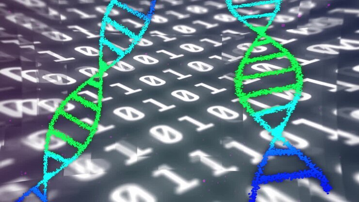 Animation of dna strands over data processing on black background