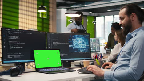 admin in office uses isolated screen laptop, automating repetitive tasks with ai