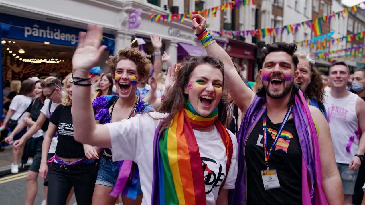 Glad folkmassa firar vid en livlig HBTQ+-prideparad på en stadsgata