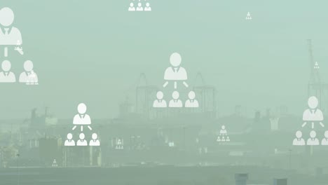 animation of network of profile icons floating against aerial view of cityscape