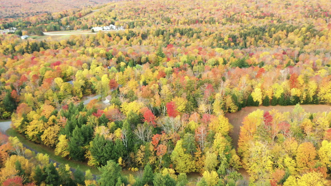 vista aérea del colorido paisaje otoñal en el campo americano rural en un día soleado, disparo de drones